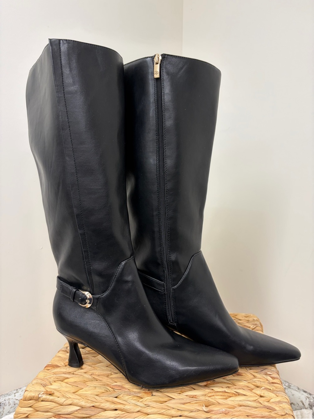 Naturalizer Black Pointed-Toe Mid-Calf Leather Boots with Side Zip and Buckle